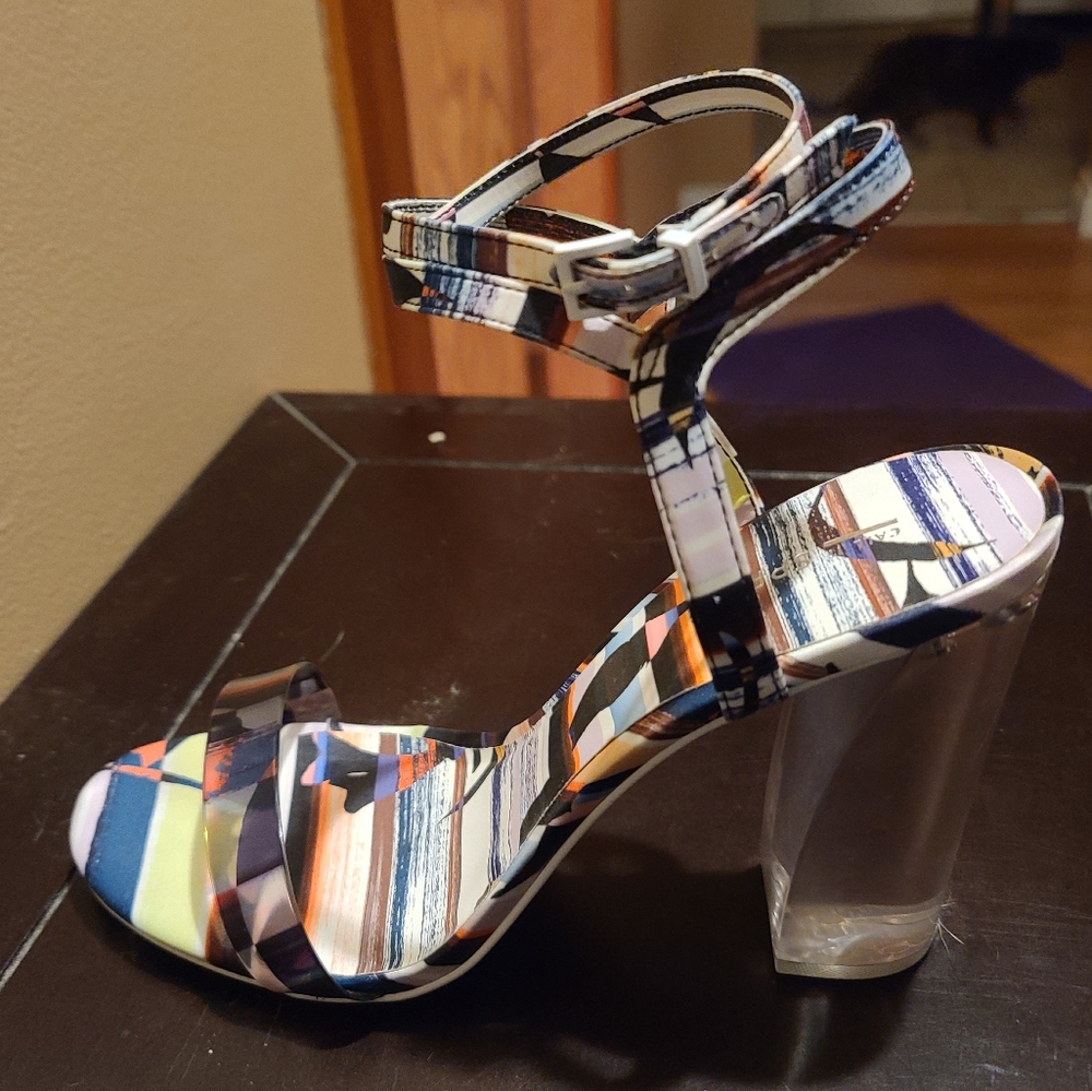 Clear Block Heel Sandals | Multicolor Straps | Ankle Strap | Size 10